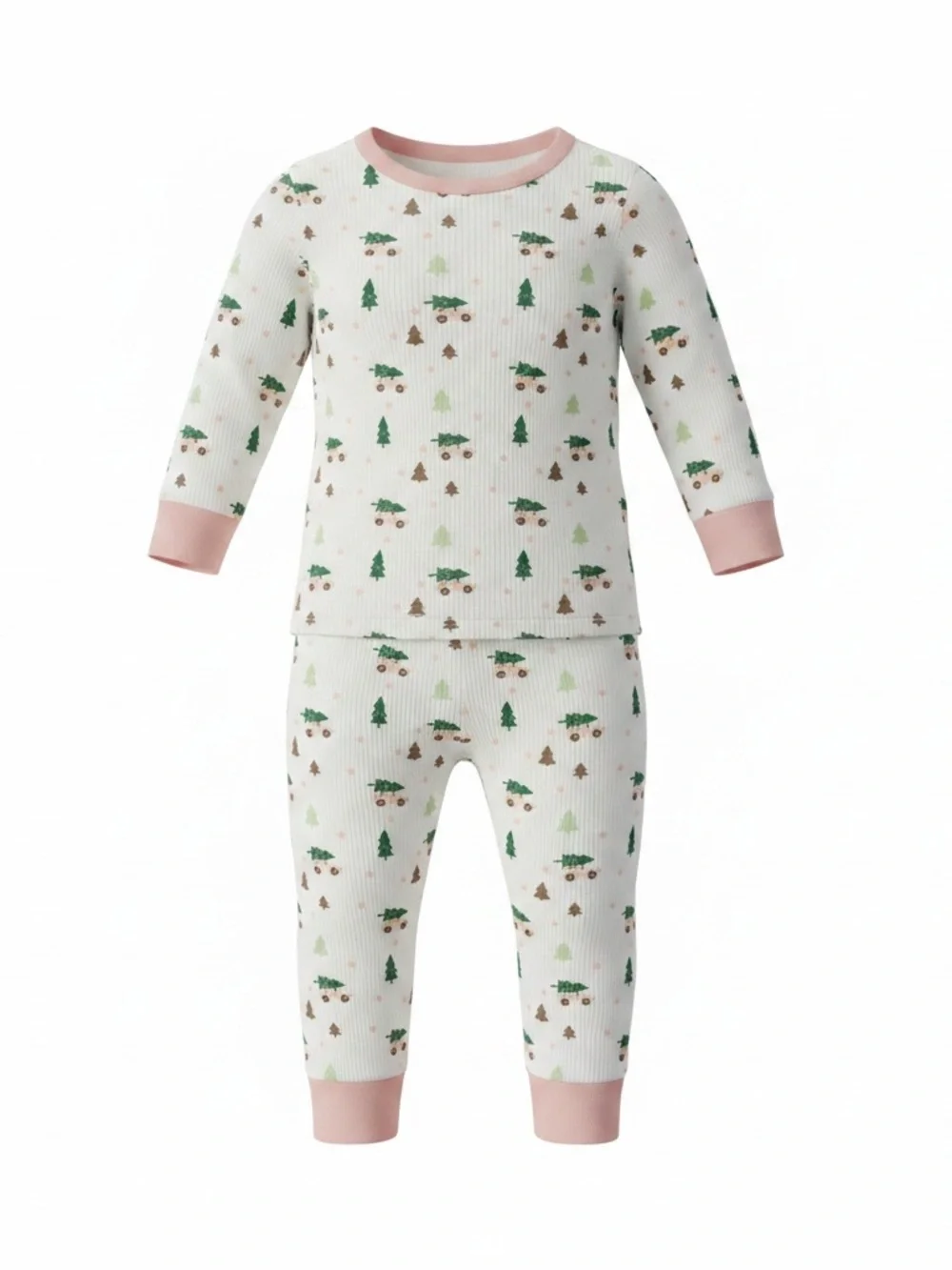 Toddler White cotton Pajama Set with Pink Trim and Green Tree Print